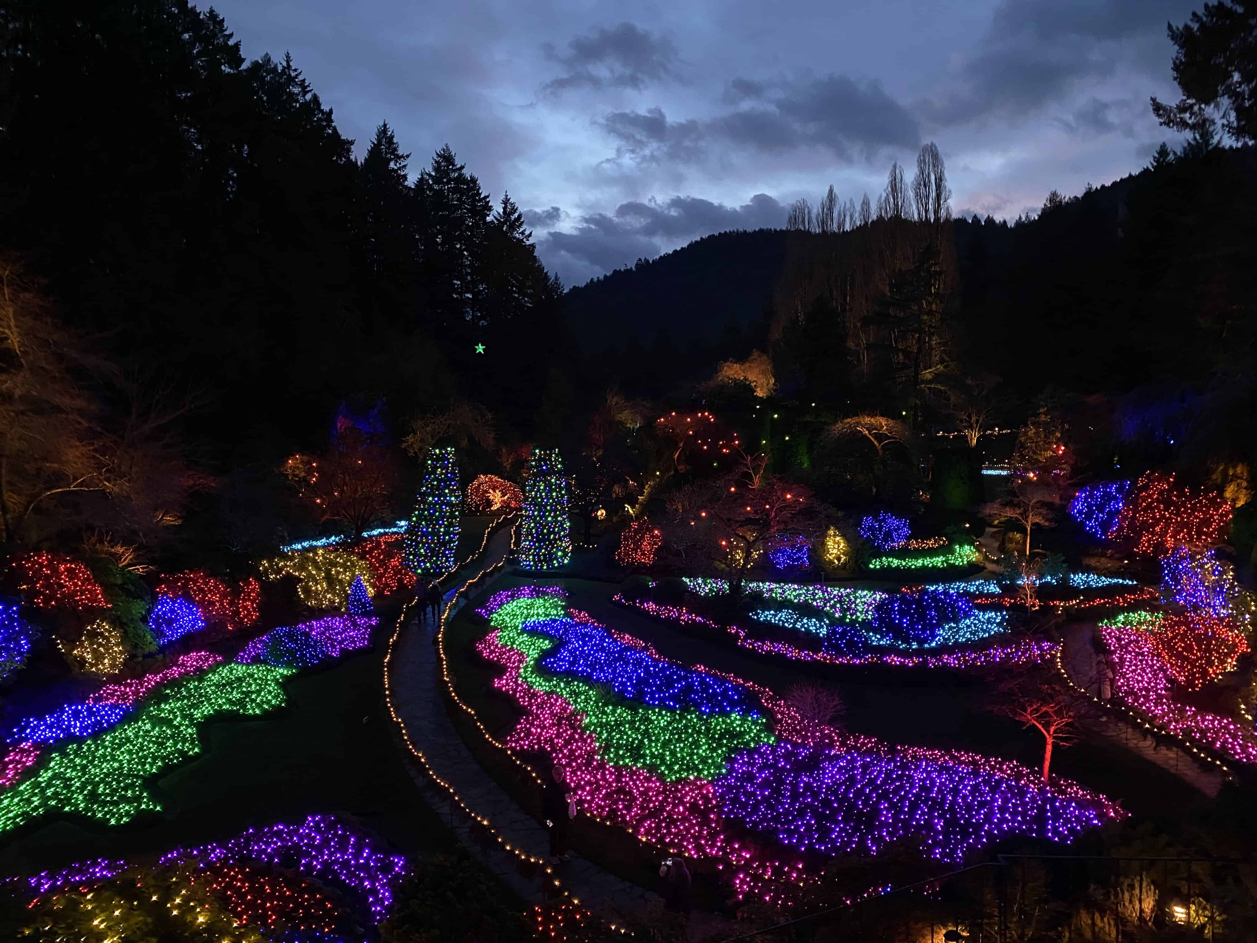 This picture shows the incredible pinks, blues, purples, greens and whites of the 12 days of Christmas light display at the Butchart Gardens. 