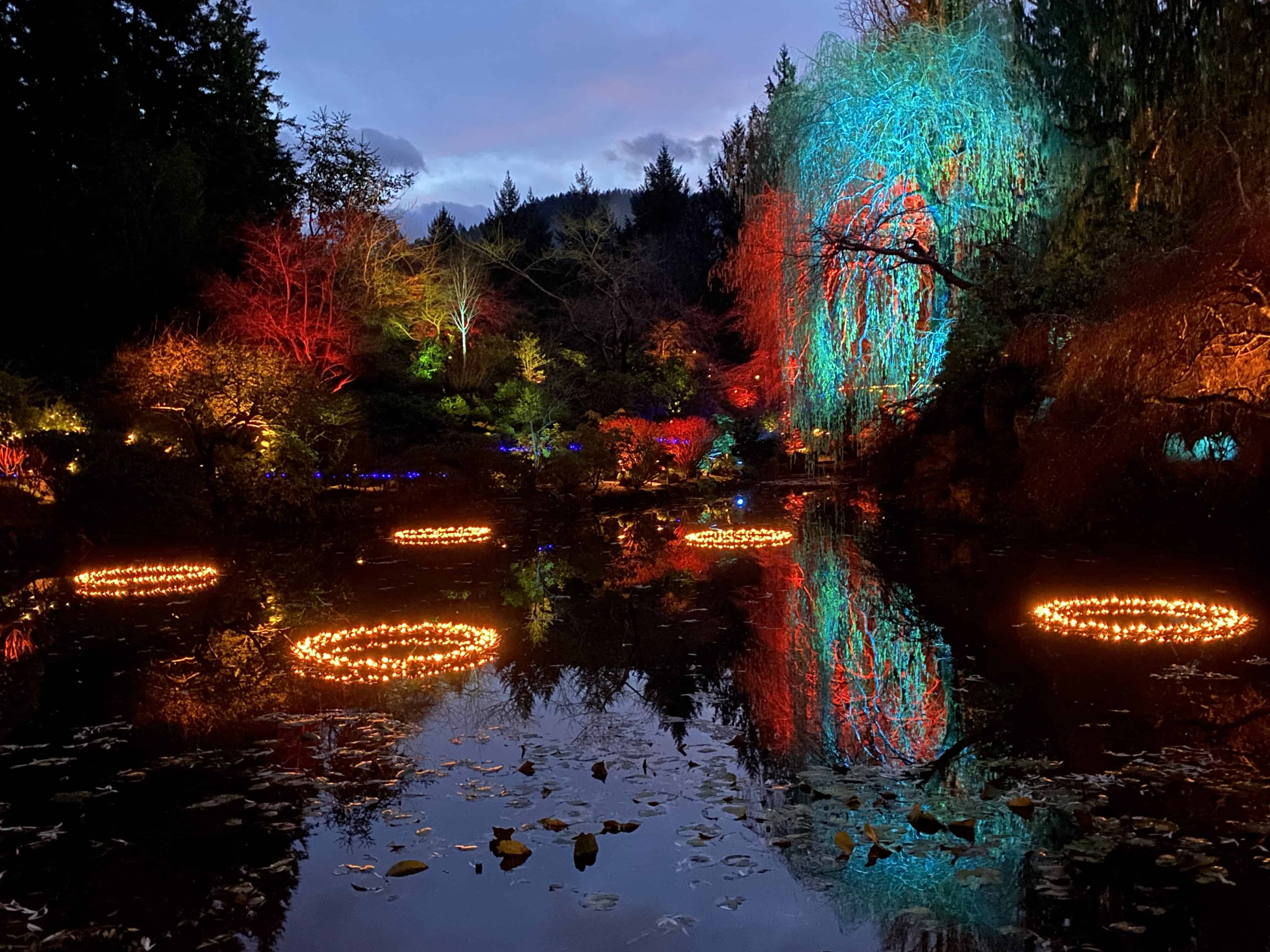 The five golden rings display from the "12 days of Christmas" at Butchart Gardens.
