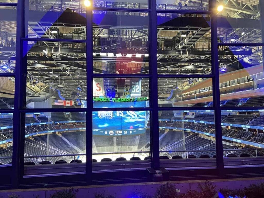 This is the window from outside the arena before a hockey game (Oilers vs. Kraken)