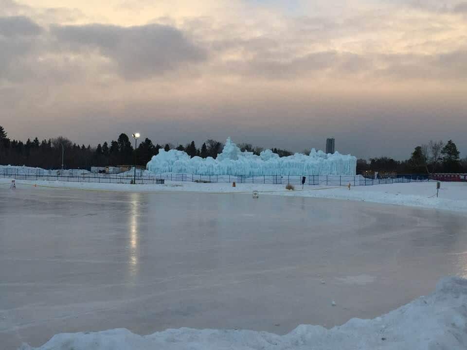 Ice Castles in Edmonton, looking over Hawrelak Park skating rink