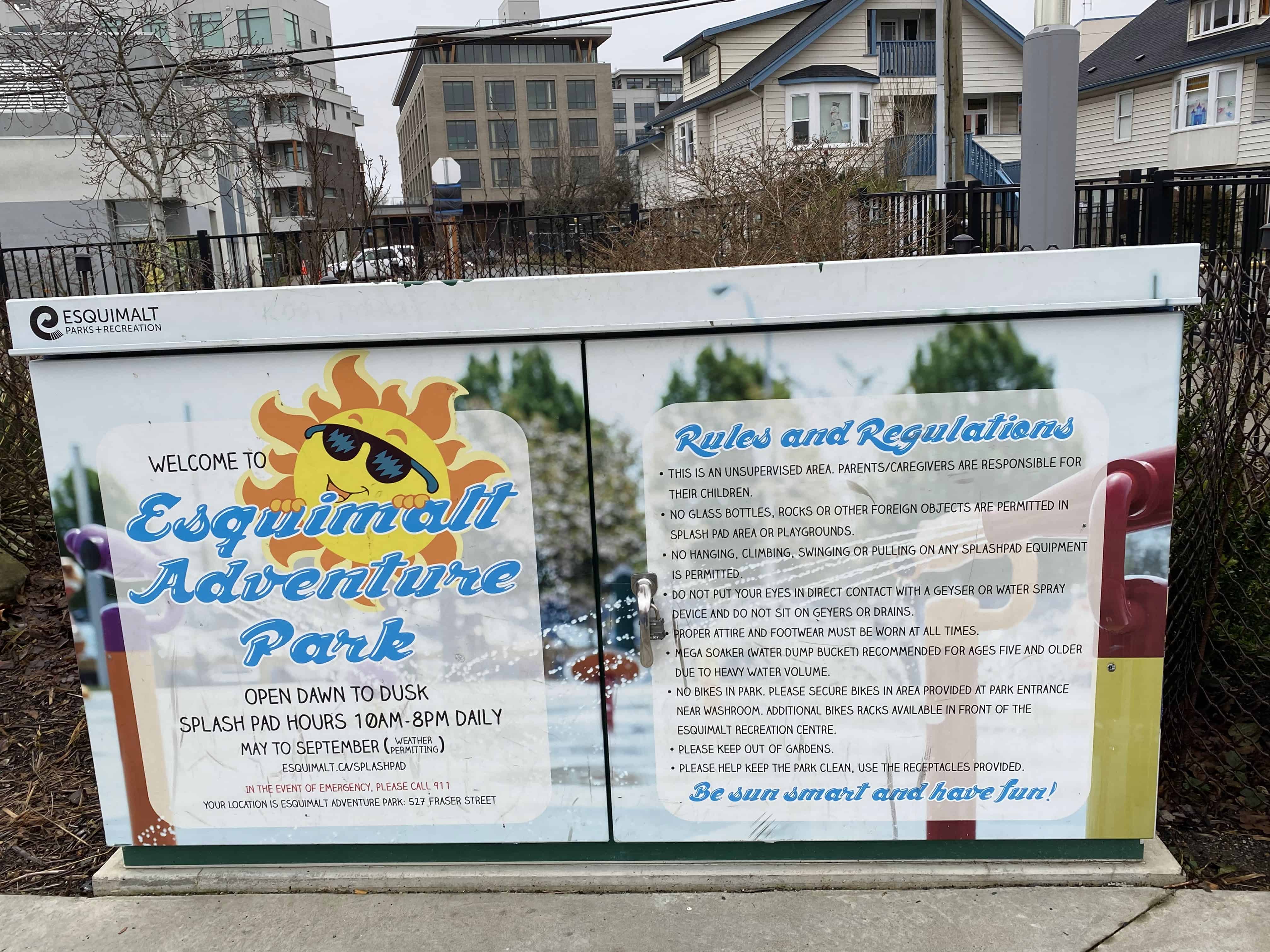 Esquimalt Adventure Park Rules and Regulations signage