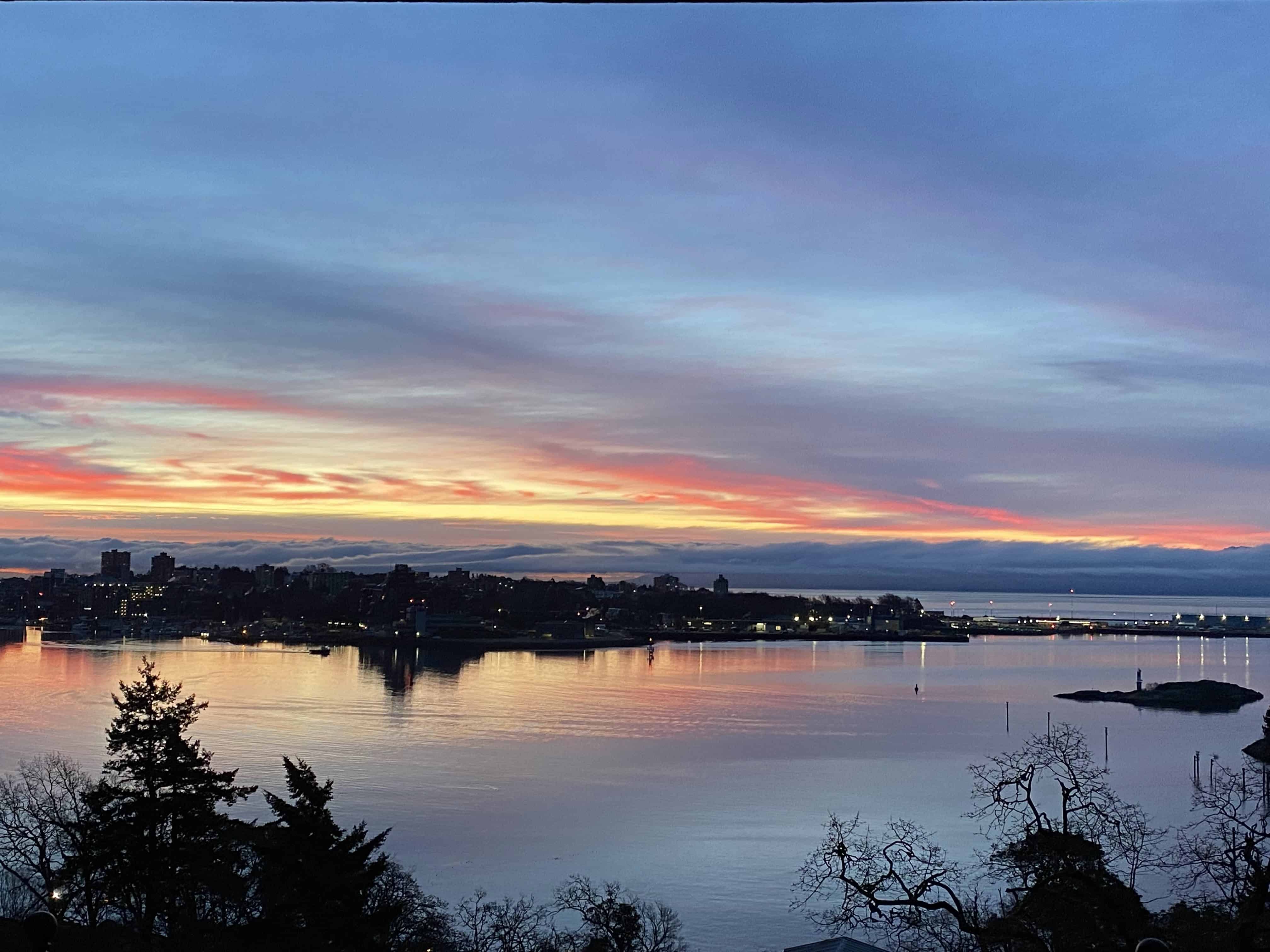 Watching sunrise from atop the elevated staircase over the Matson Conservation area, technically in Esquimalt.