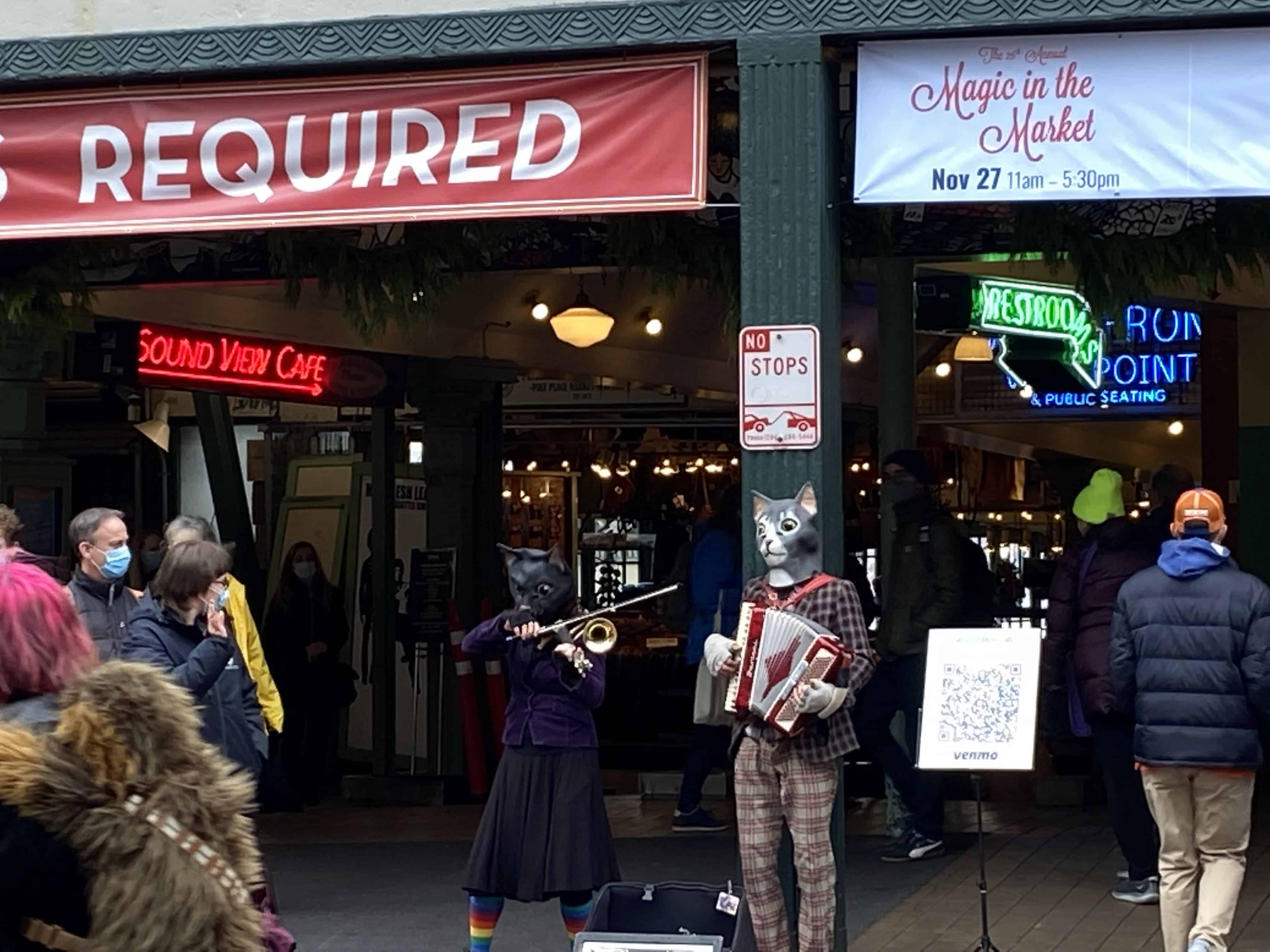 Entrance with entertainers at Pike Place Market