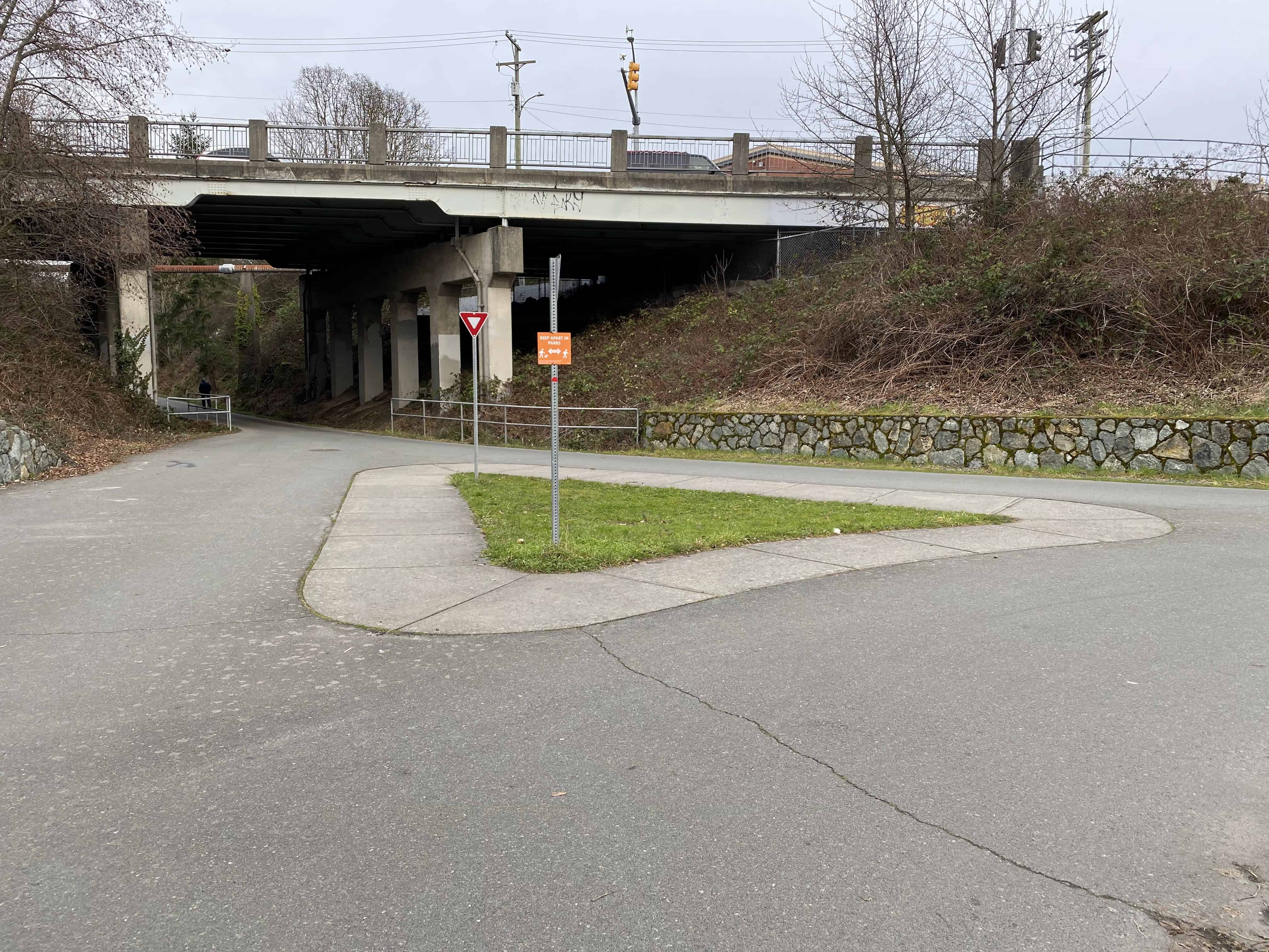 Switch Bridge is to the right in this photo (not seen), Lochside Trail is straight ahead.