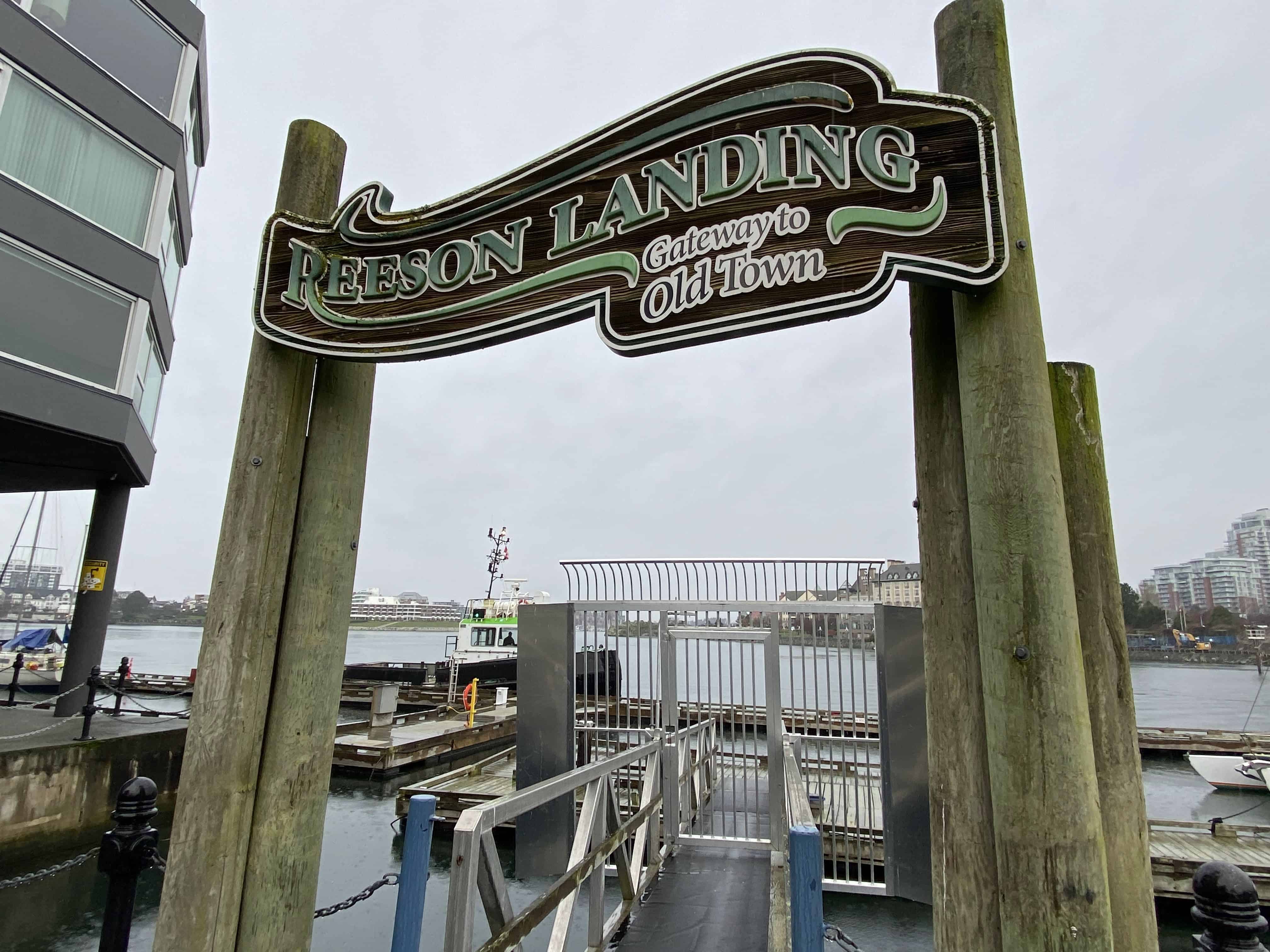 This is the first sign you'll see from Johnson Street on the Inner Harbour Walkway in Victoria BC. It's called Reeson Landing Gateway to Old Town.