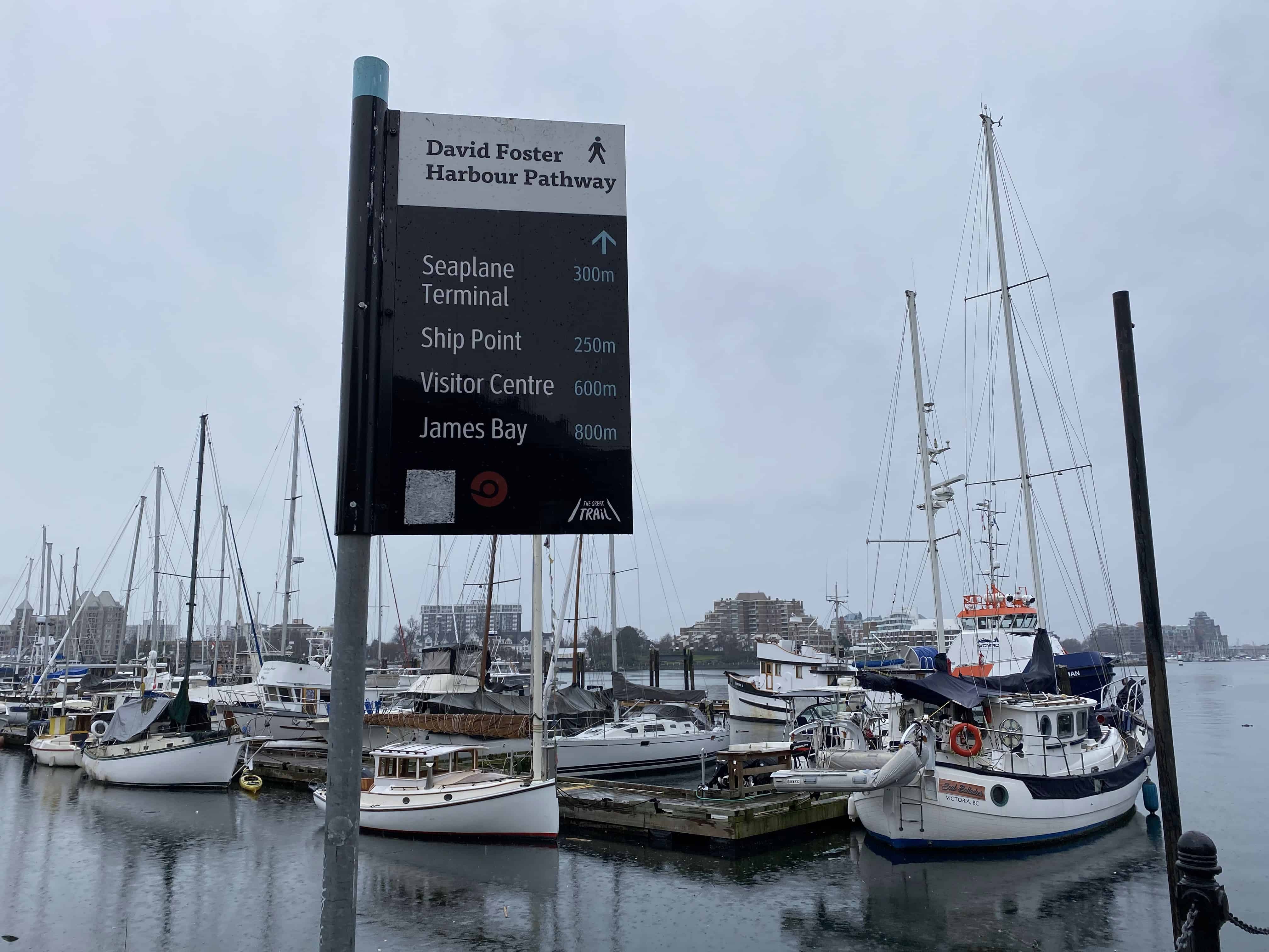 Directional sign along the Victoria Inner Harbour walkway next to Reeson Landing