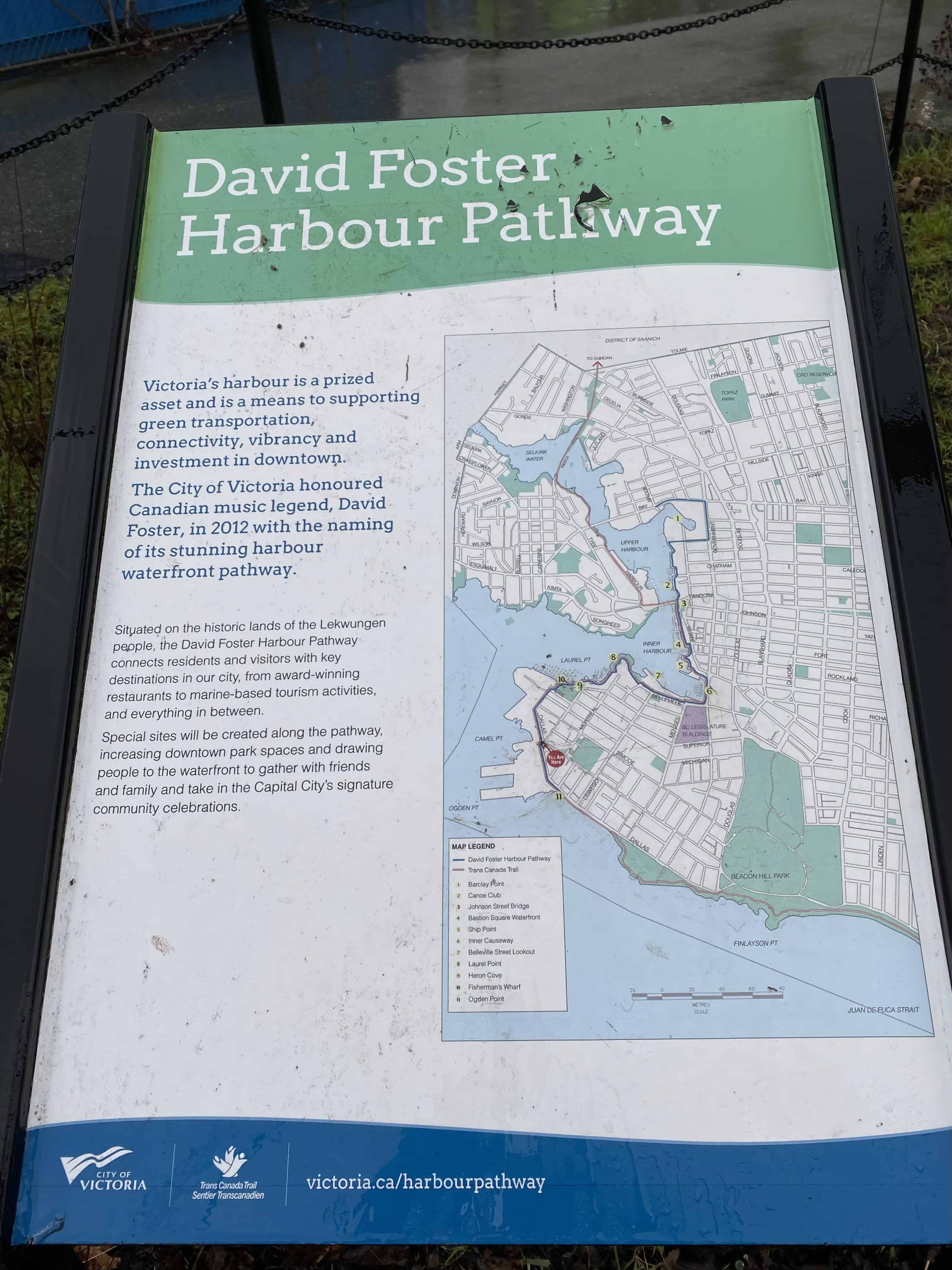 David Foster Harbour Pathway signage & map near Ogden Point