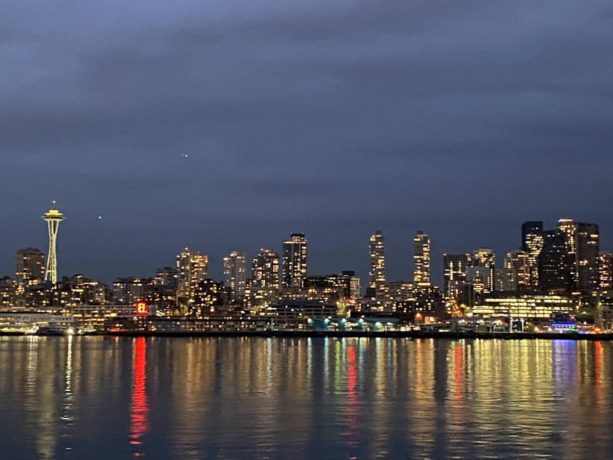 Seattle Skyline at night arriving on ferry from Bainbridge Island