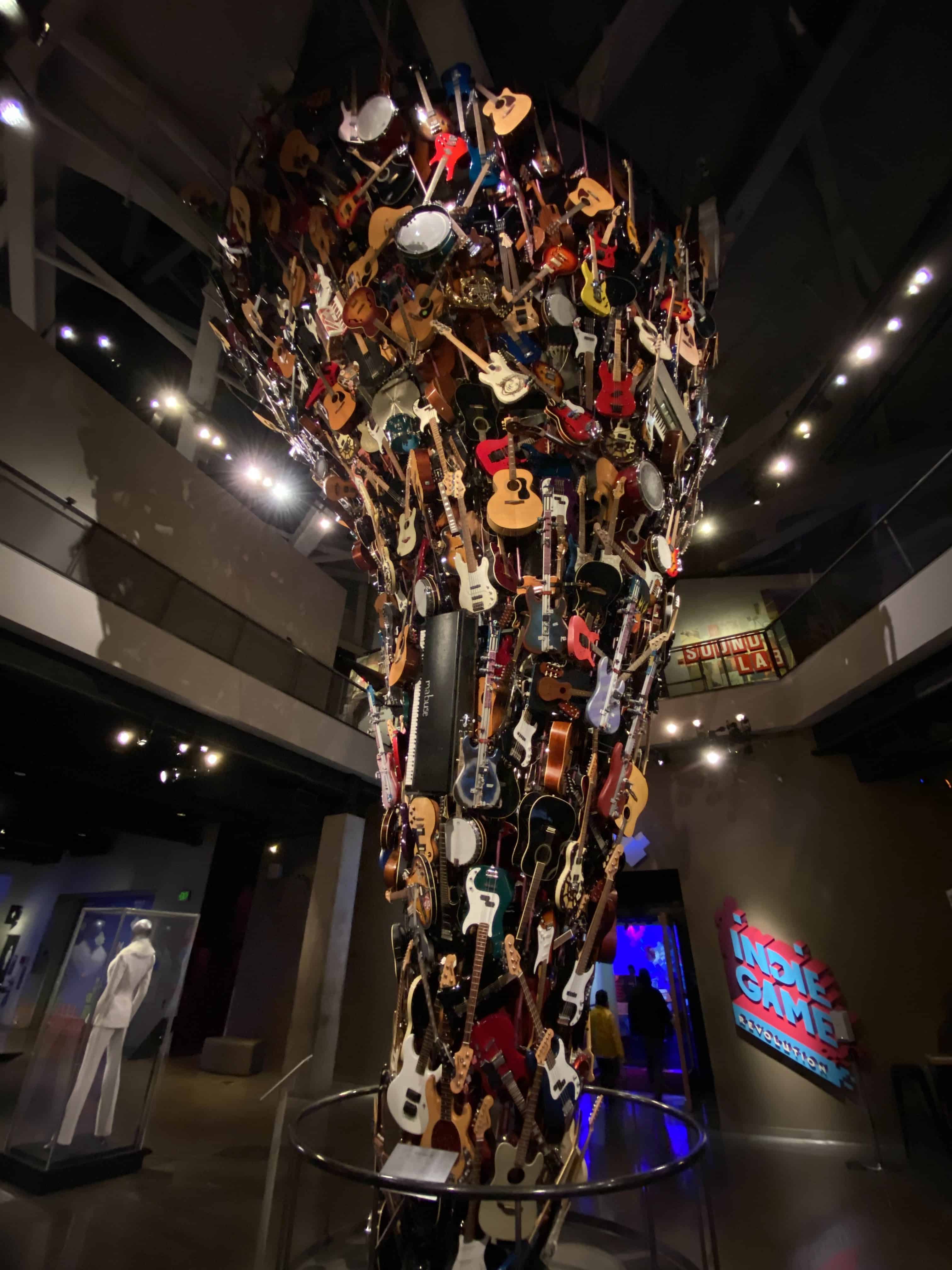 Artistic musical instrument display at MoPop