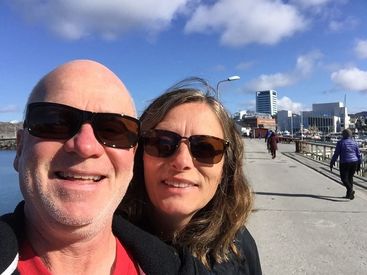 Gail and Paul, happy walking along the water. Walked each of the 3 days in Bodø Norway