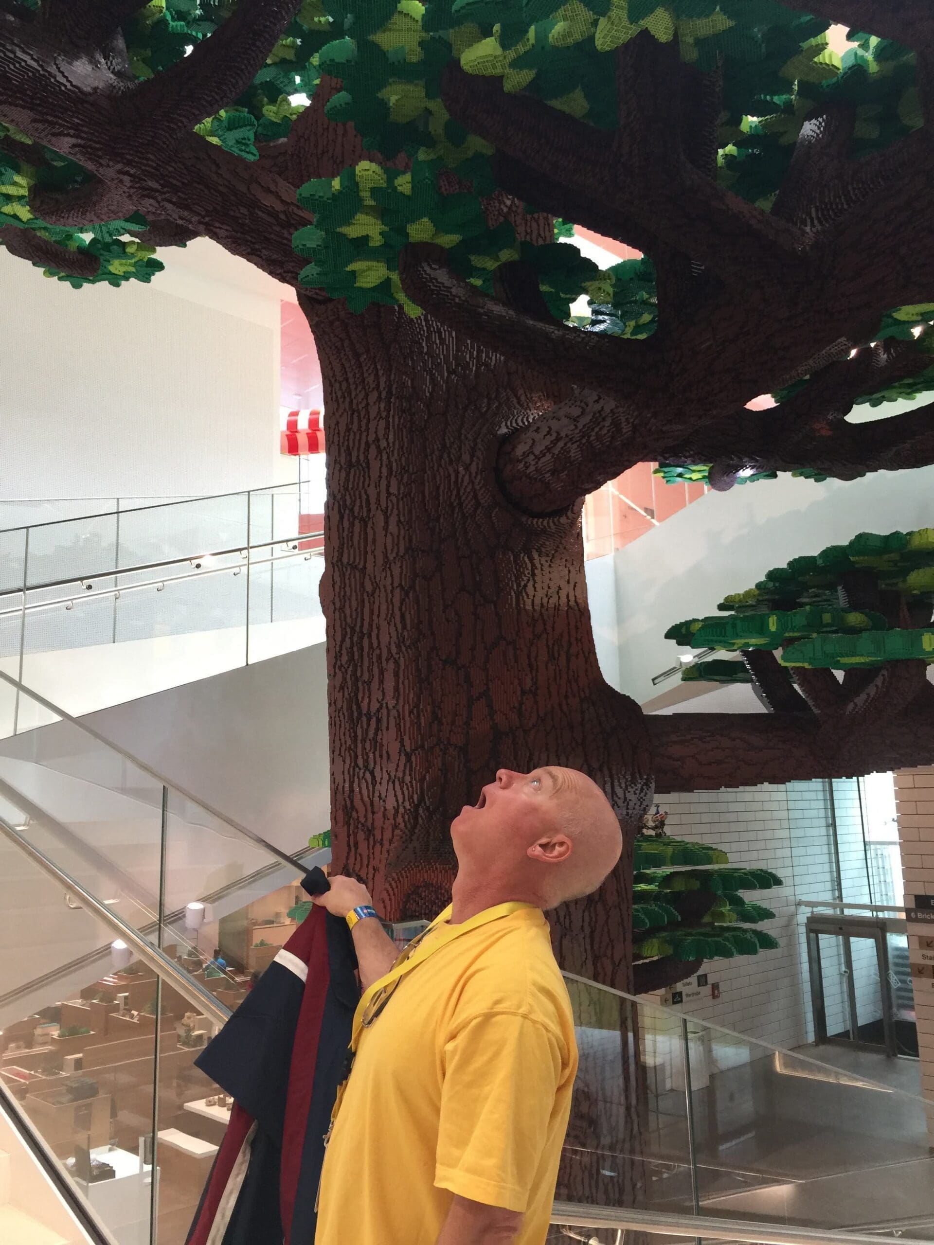 Inside Billund Denmark Lego House Paul looking up at Tree of Creativity.