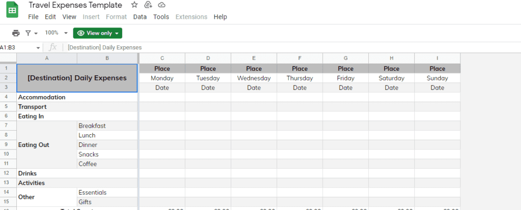 Google sheet travel expenses my print screen