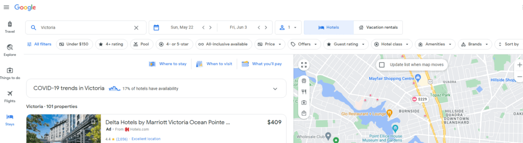 Google Travel stays my print screen