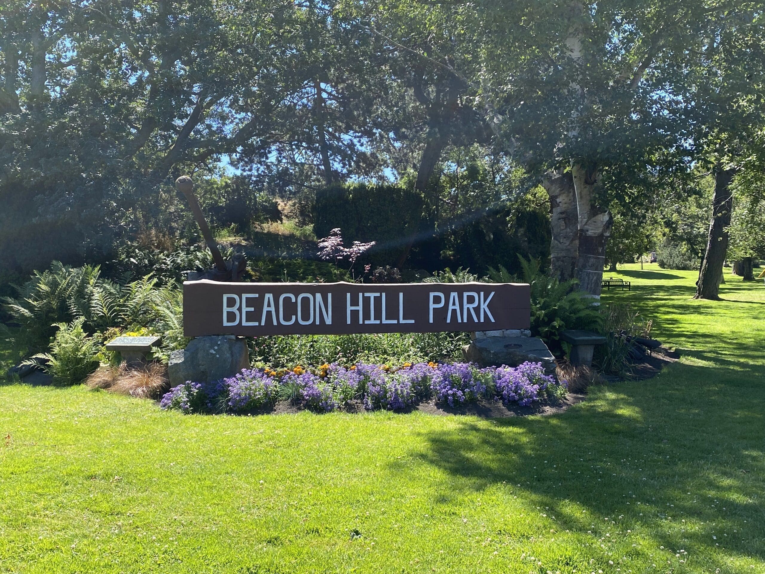 Beacon Hill Park sign at entrance from Douglas Street in Victoria BC