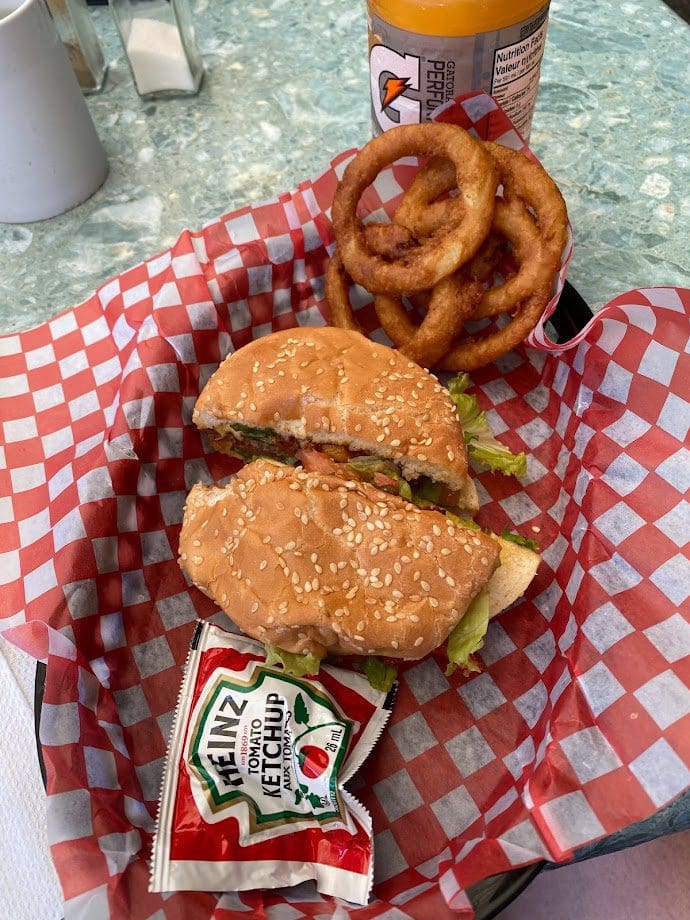 Cheeseburger and onion rings at Beacon Drive in