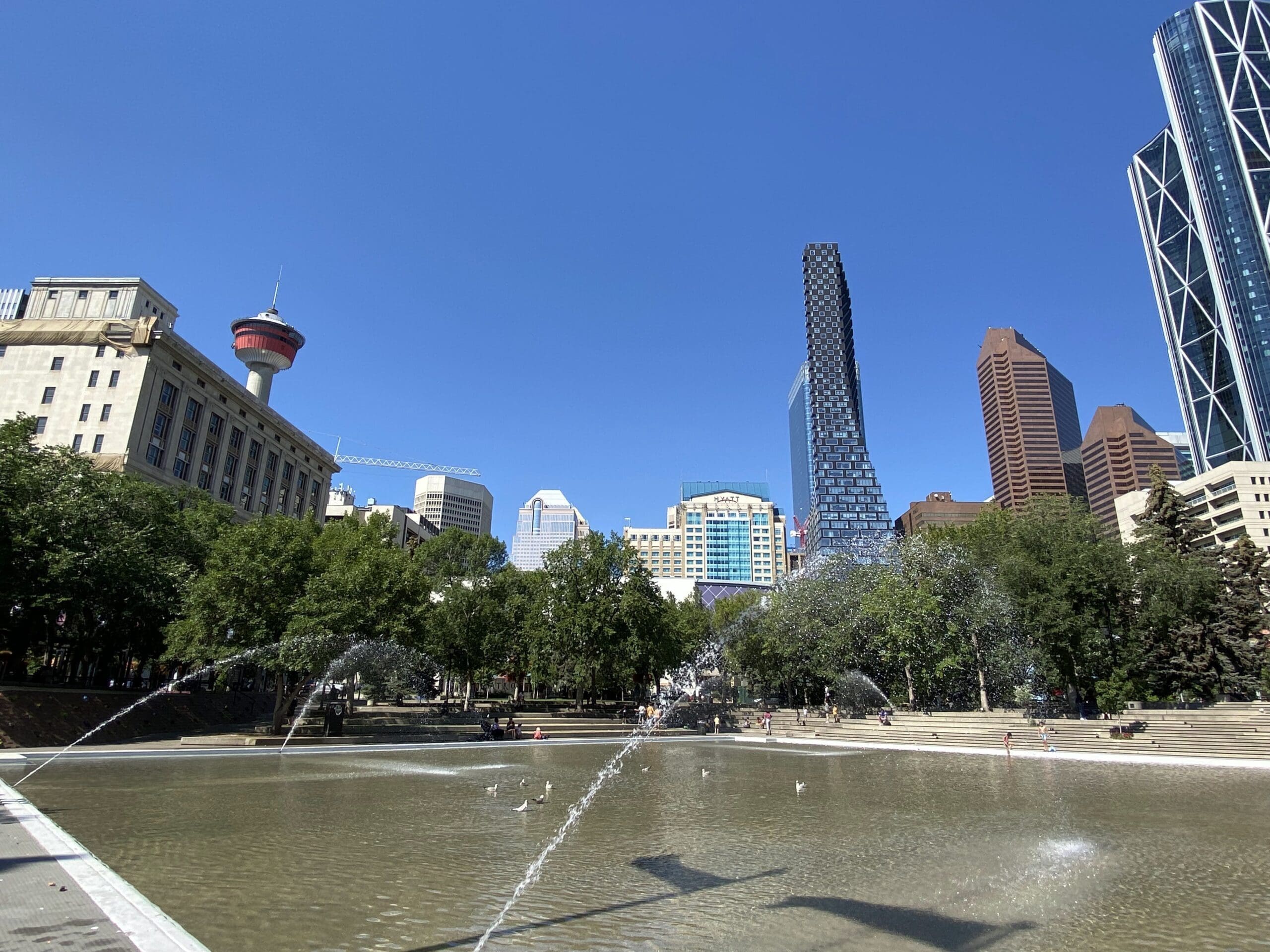 You have a spectacular view of the buildings from Olympic Plaza. Relaxing here with a cup of coffee is one of our favorite things to do in downtown Calgary.