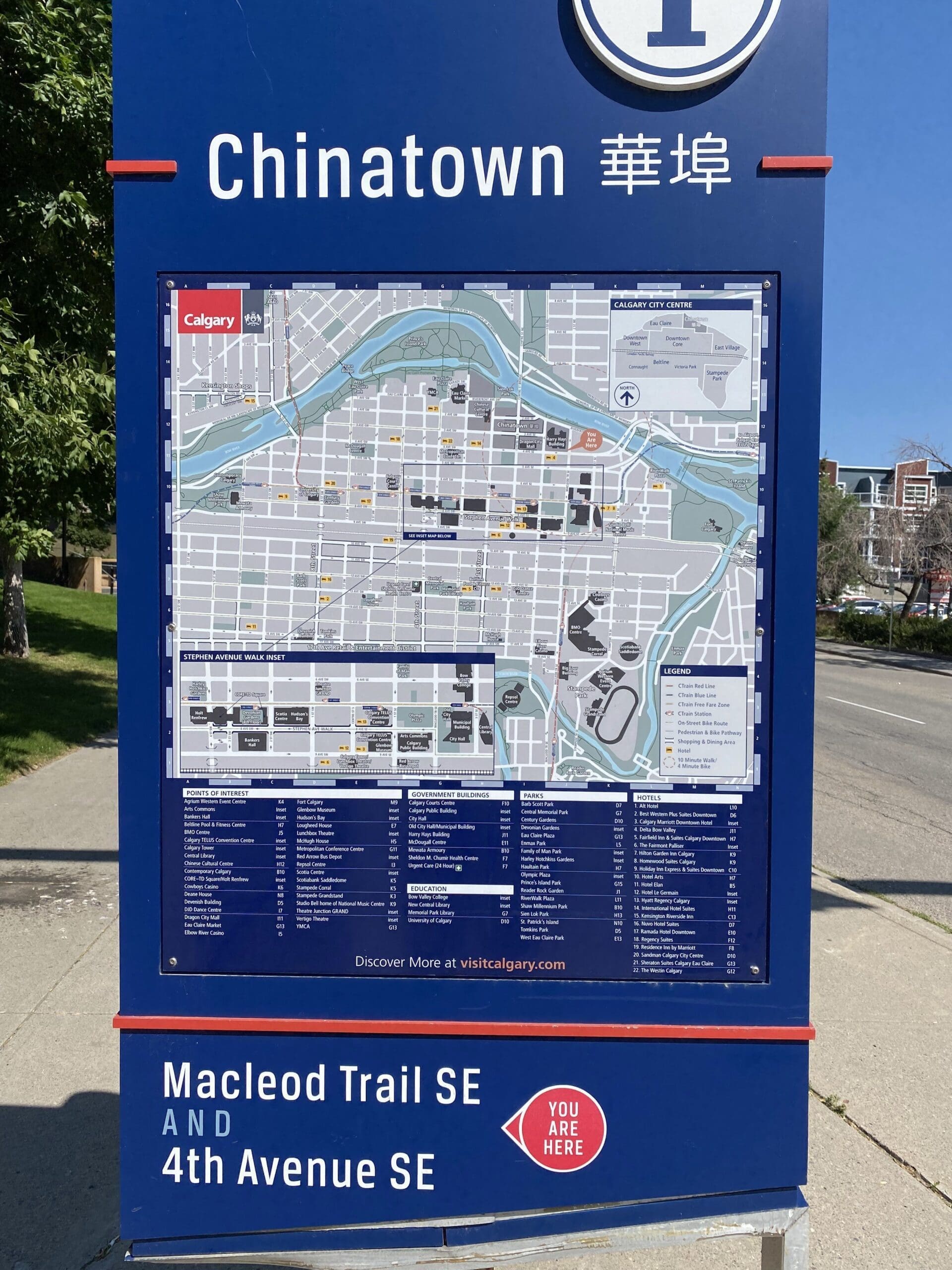 This is an informational map of Chinatown and downtown in Calgary Alberta, intended to give visitors a peek at the highlights.