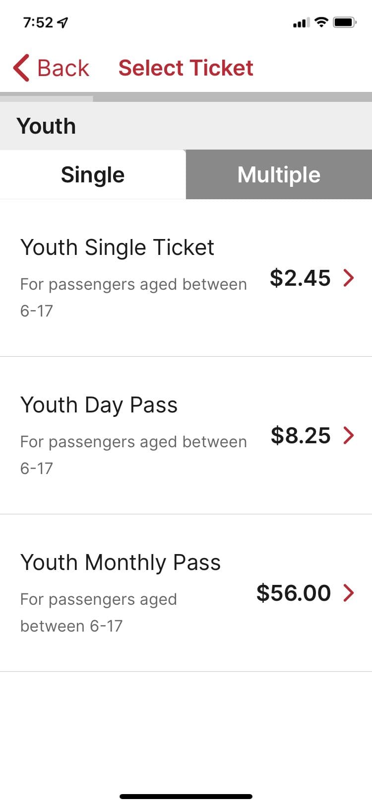 Various print screens of the fare options on Calgary transit app.
