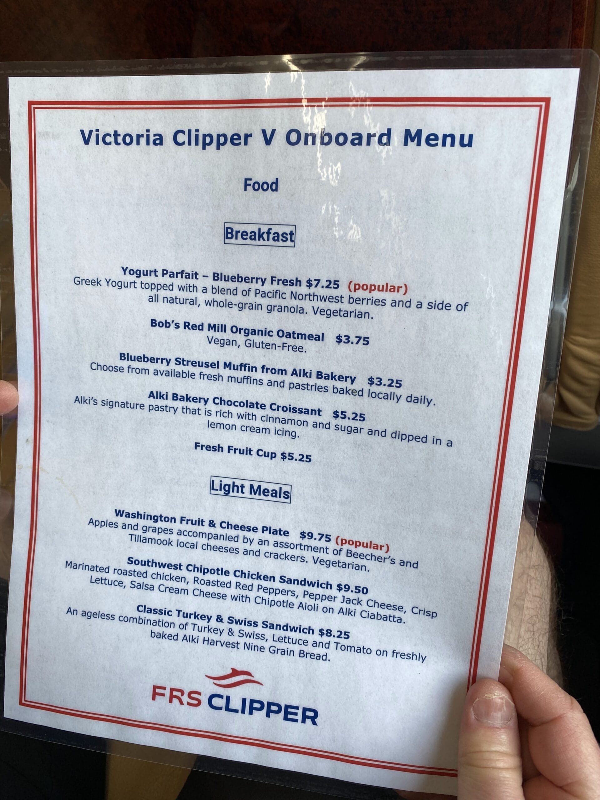 Menu aboard the FRS Victoria Clipper V.