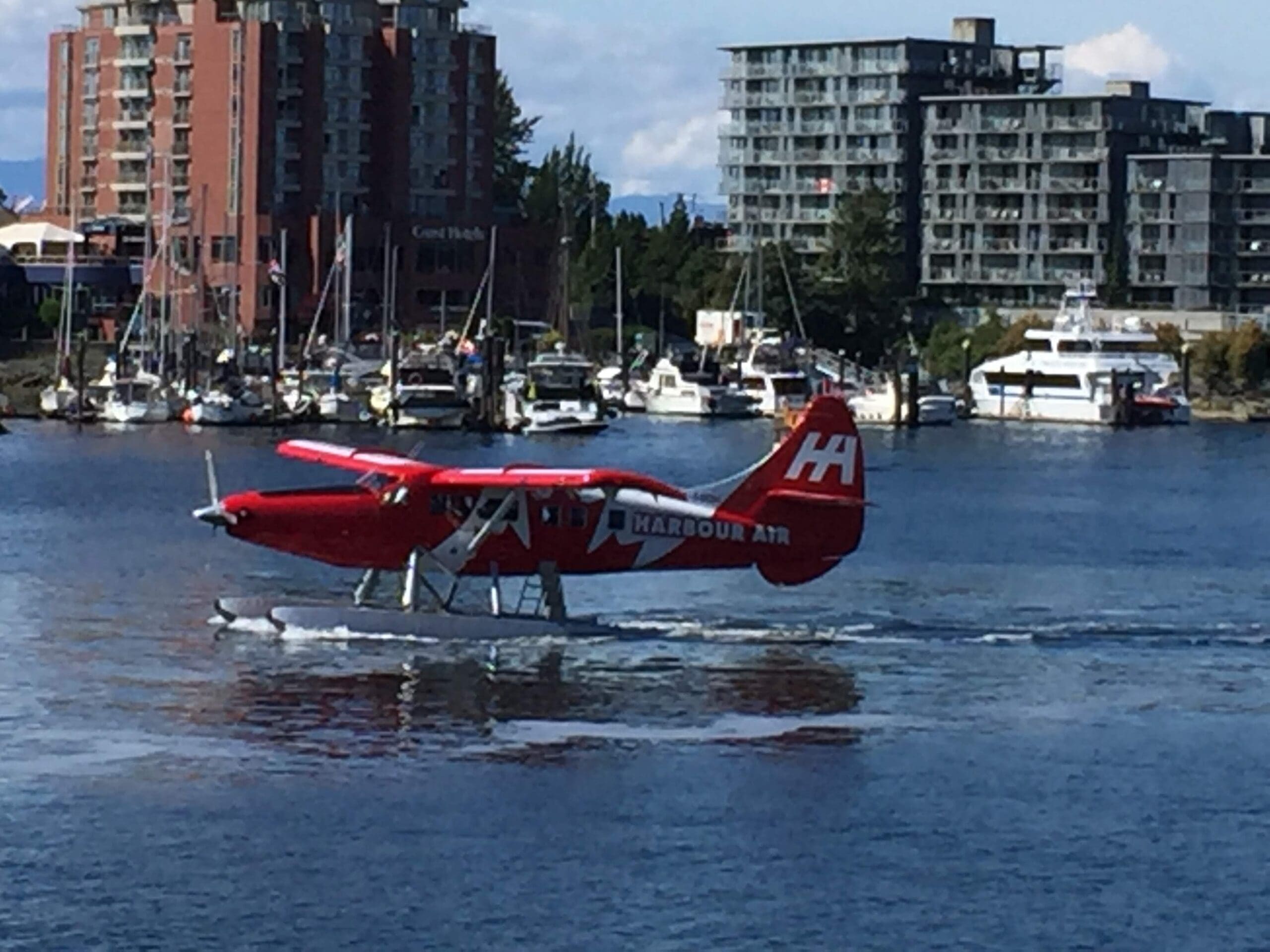 Float planes or Seaplanes land on the water in Victoria BC Harbour.  One of the ways to get from Vancouver to Victoria, or from Seattle to Victoria.