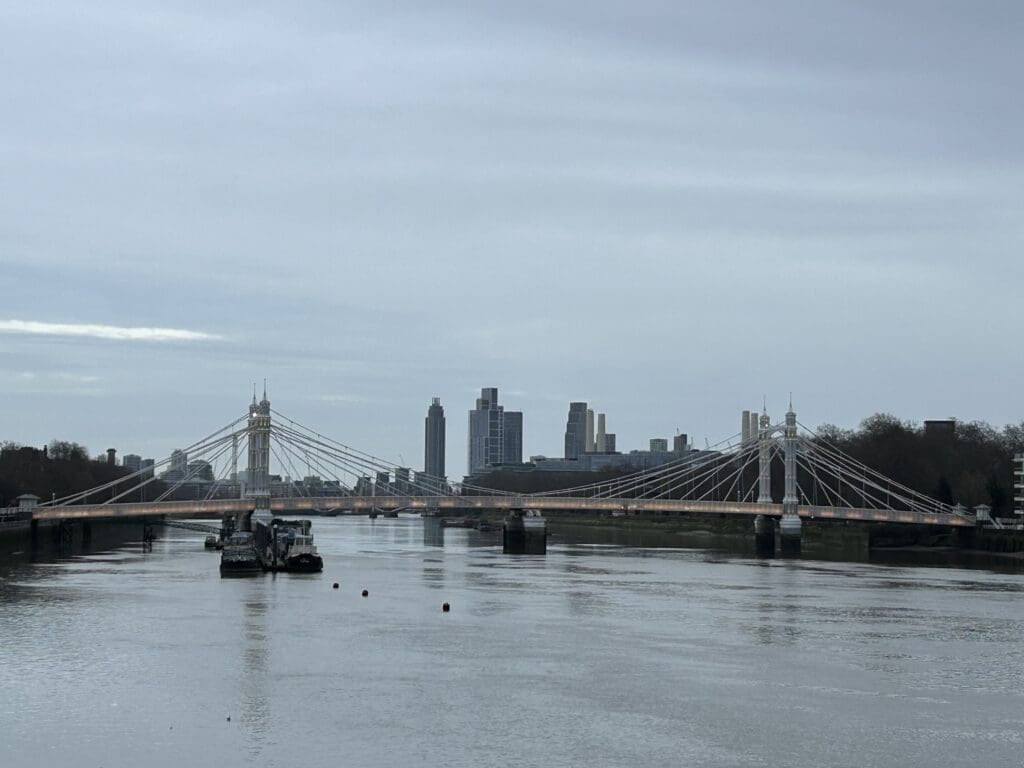 This photo taken during late day of one of London's beautful bridges - Albert Bridge, just prior to dusk.  It shows the light just beginning to be visible.