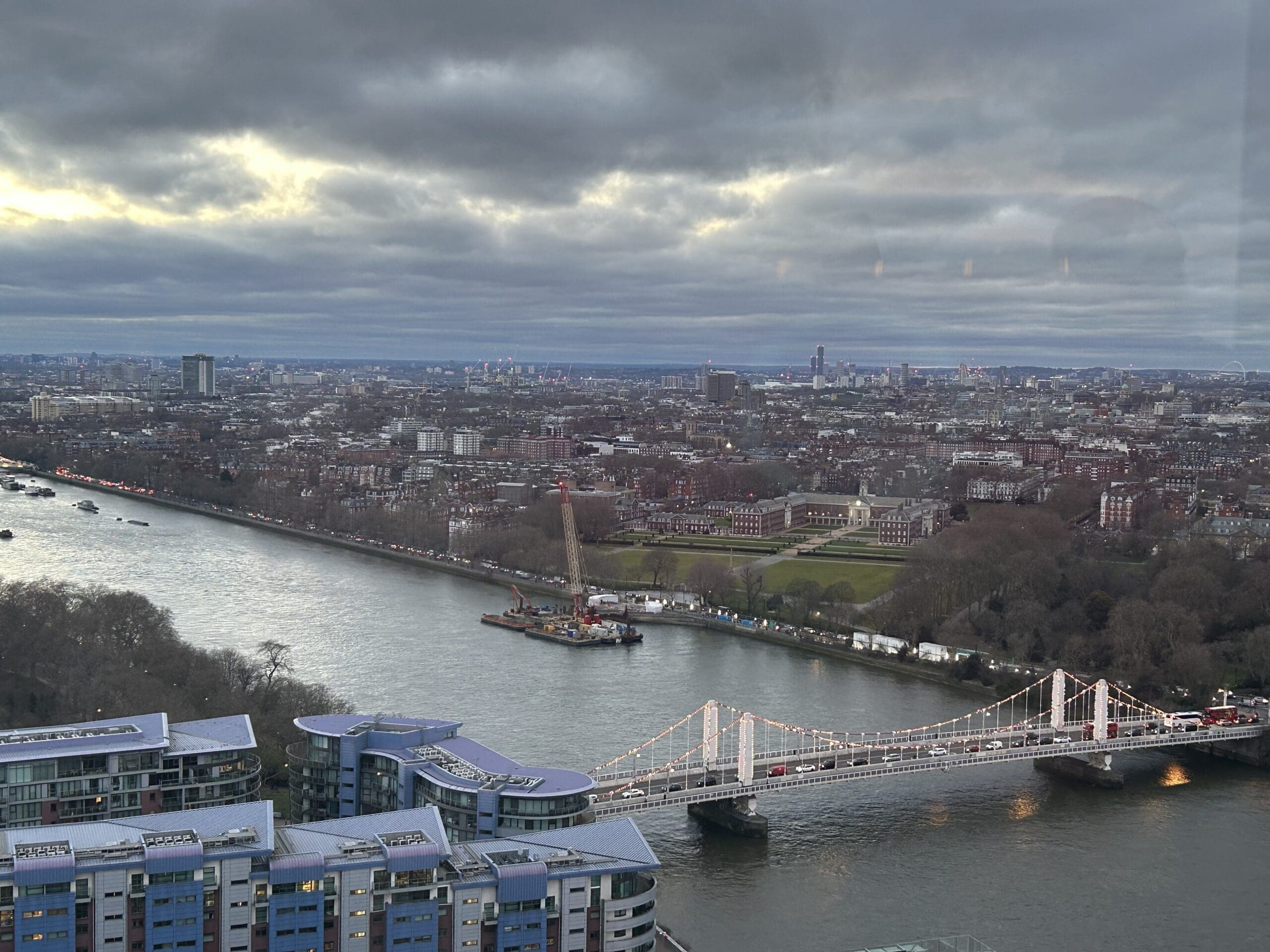 View of the Albert Bridge from Lift 109 at Battersea Power Station.