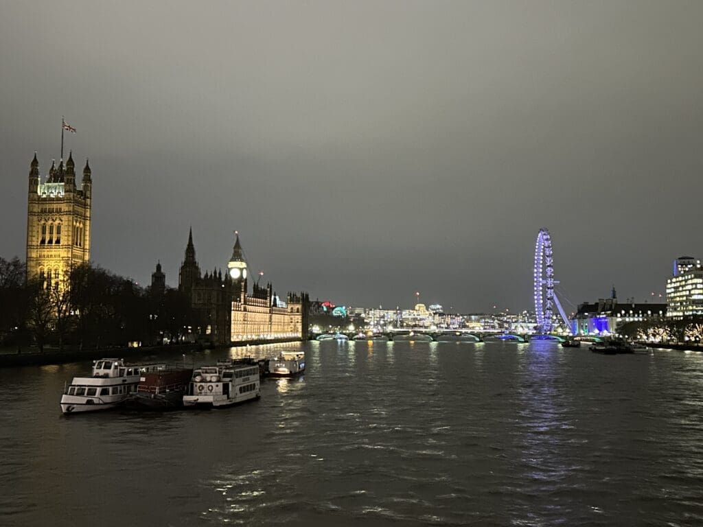 This is taken from the middle of Lambeth Bridge with georgeus views of the London eye, Big Ben and Parliament.