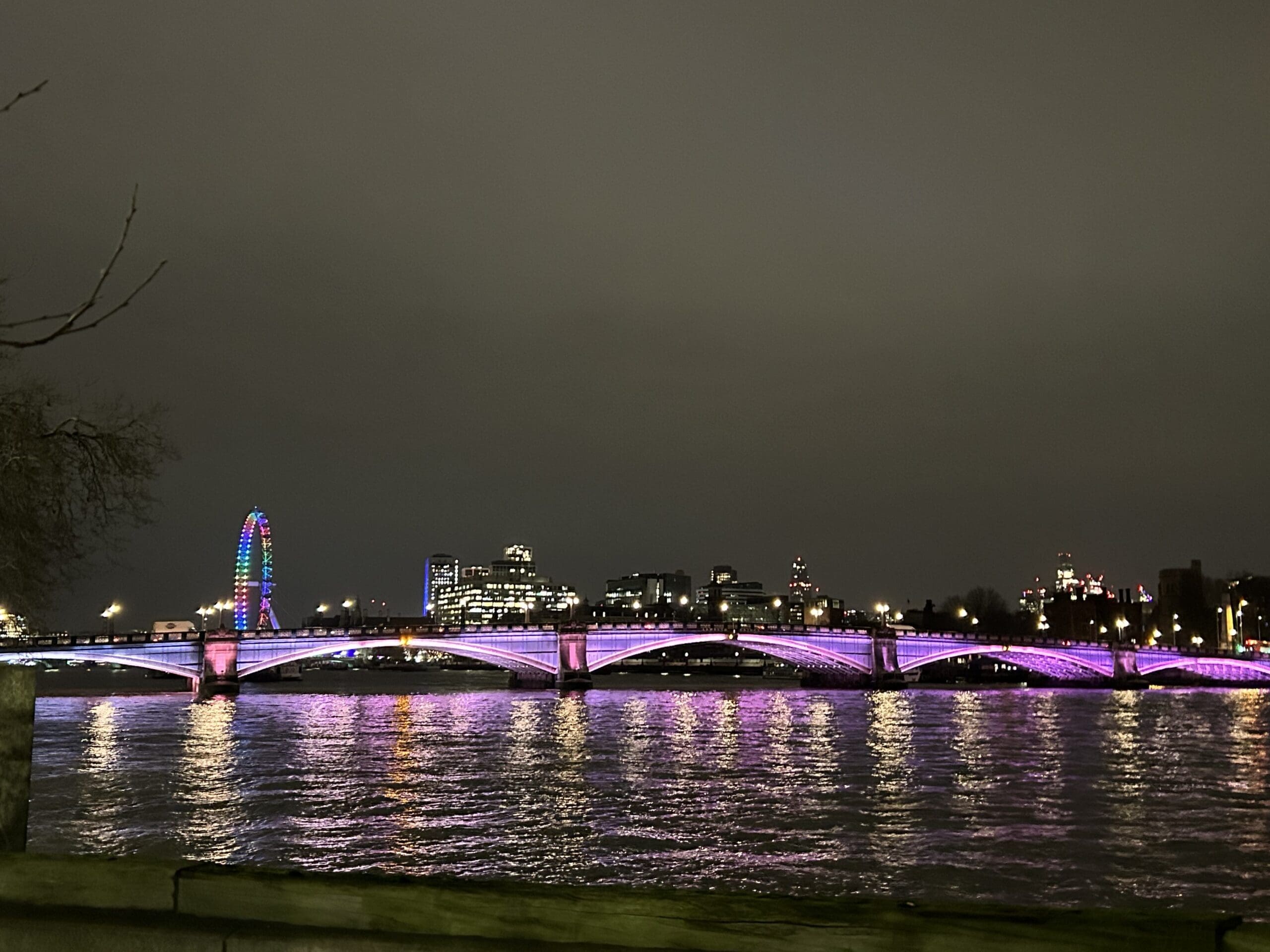 Illumination of the bridges in London are stunning and the Lambeth Bridge at night as shown here with the purple pink lights, and London Eye in the background with similar colors are a lovely sight!